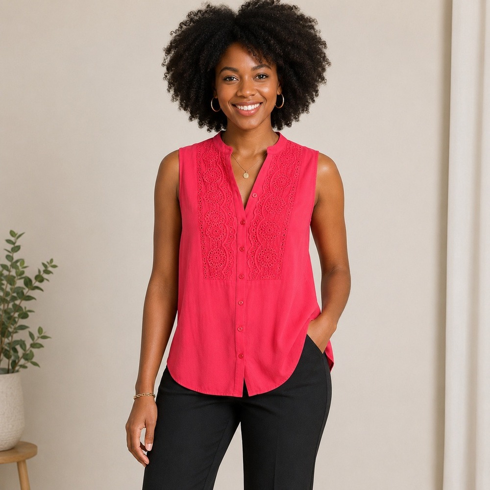 MAEVE Eyelet Embroidered Sleeveless Blouse Womens 2 Pink Boho Minimalist Top